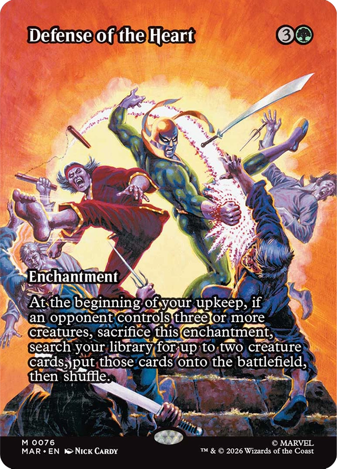 Magic: The Gathering MAR mythic rare enchantment card Defense of the Heart. Art by Nick Cardy depicting a green-costumed hero with a yellow mask punching through multiple attackers in a dynamic battle scene bathed in fiery orange and red tones. At the beginning of your upkeep, if an opponent controls three or more creatures, sacrifice this enchantment to search your library for up to two creature cards and put them directly onto the battlefield.