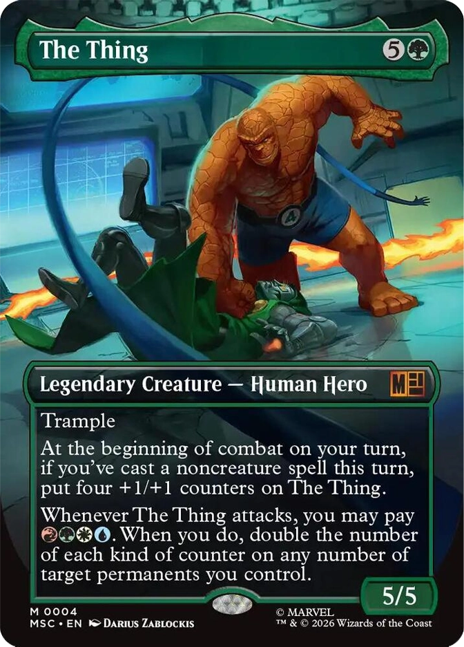 The Thing — Mythic Legendary Creature, Human Hero, cost 5G, 5/5, card #M0004. A massive orange rocky-skinned hulking figure in blue shorts with a circular 4 emblem on his chest slams down on a fallen dark-armored opponent, one arm raised, inside a high-tech facility with blue circular portal machinery and orange flame visible in the background. Trample. Abilities: At the beginning of combat on your turn, if you've cast a noncreature spell this turn, put four +1/+1 counters on The Thing; Whenever The Thing attacks, you may pay a cost — if you do, double the number of each kind of counter on any number of target permanents you control. MSC set, extended art green border, art by Darius Zablockis, Marvel. 2026 Wizards of the Coast.
