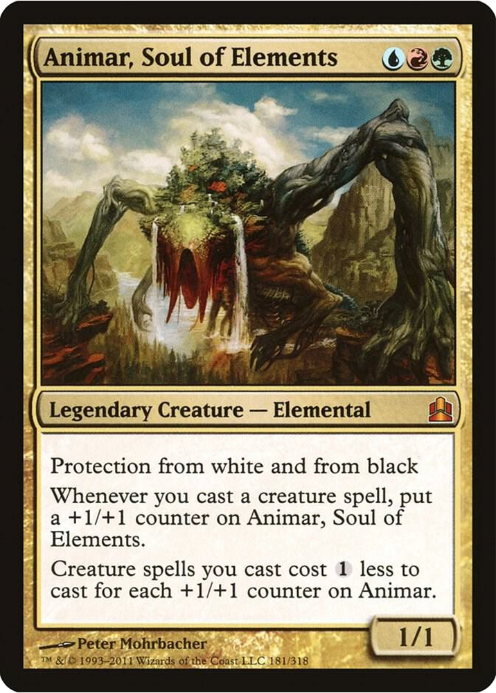 Magic card featuring Animar, Soul of Elements. Elemental creature with arms, foliage, and waterfalls. Text details abilities.