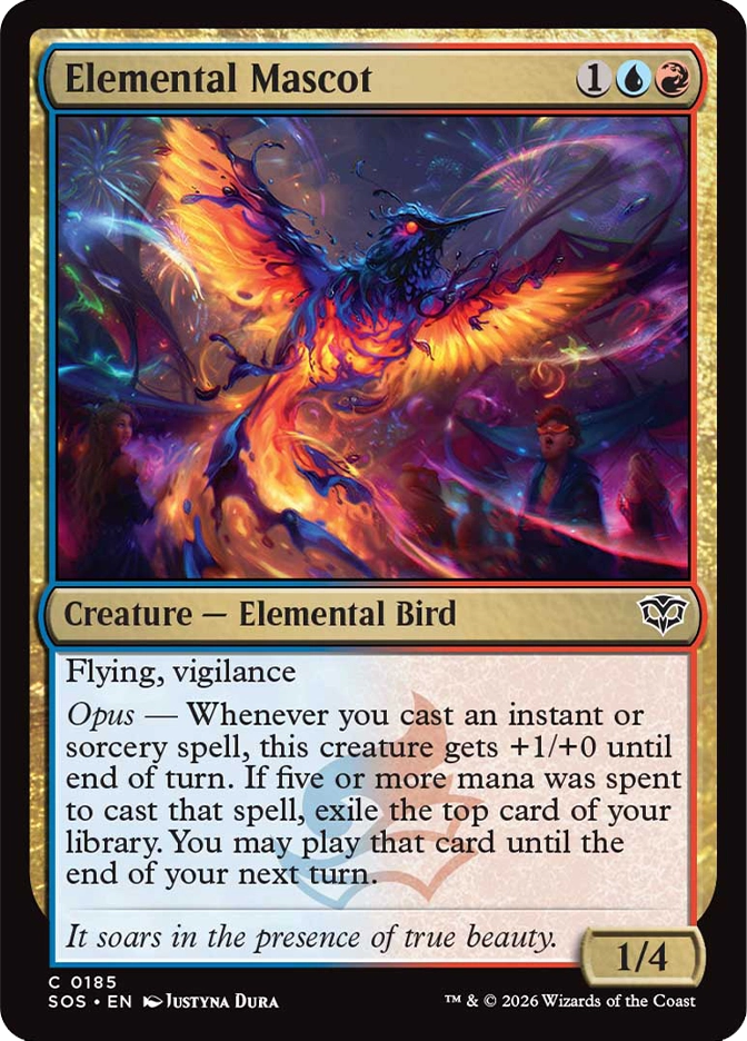 Magic: The Gathering — Secrets of Strixhaven. Elemental Mascot, Common, Creature — Elemental Bird, 1/4. Art depicts a vibrant hummingbird-like creature composed of swirling fire and ink, soaring above an awed crowd against a colorful fireworks-lit sky.