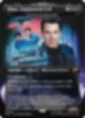 Sci-fi card featuring Khan portrait with spaceships and lasers; text reads Khan, Engineered Evil, Legendary Creature — Phyrexian Praetor