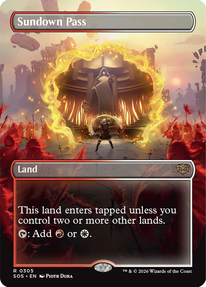 Magic: The Gathering — Secrets of Strixhaven. Sundown Pass, Rare, Land. Art depicts an armored warrior standing before a massive golden archway wreathed in fire, with a crowd of red-cloaked figures and a glowing sunset in the background.