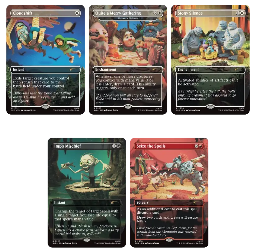 Five Magic: The Gathering cards with Hobbit art: Cloudshift, Quite a Merry Gathering, Stony Silence, Imp's Mischief, Seize the Spoils.