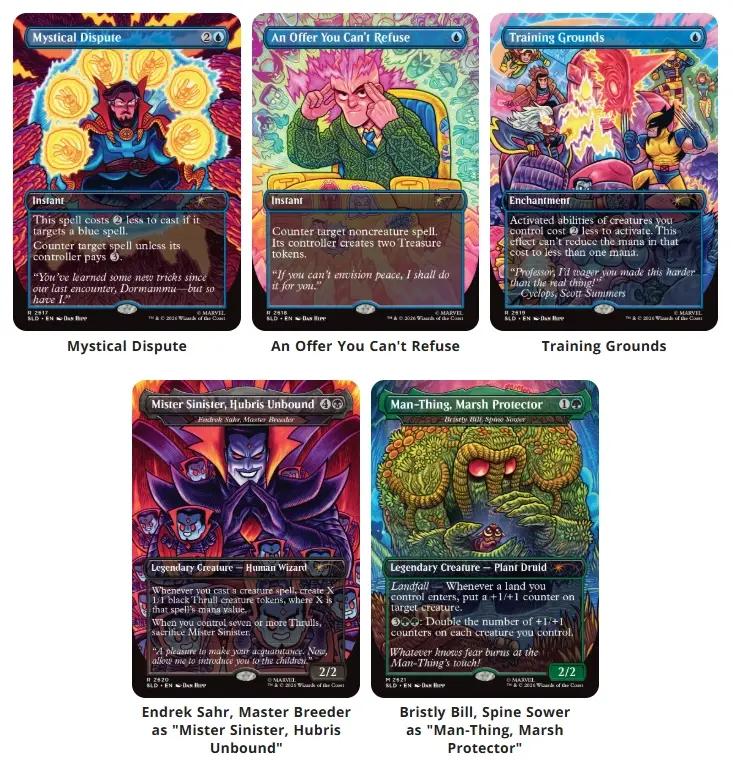 Five colorful Marvel trading cards in a grid, showing sorcerers, mutants, and Man-Thing with bold titles and spell text.