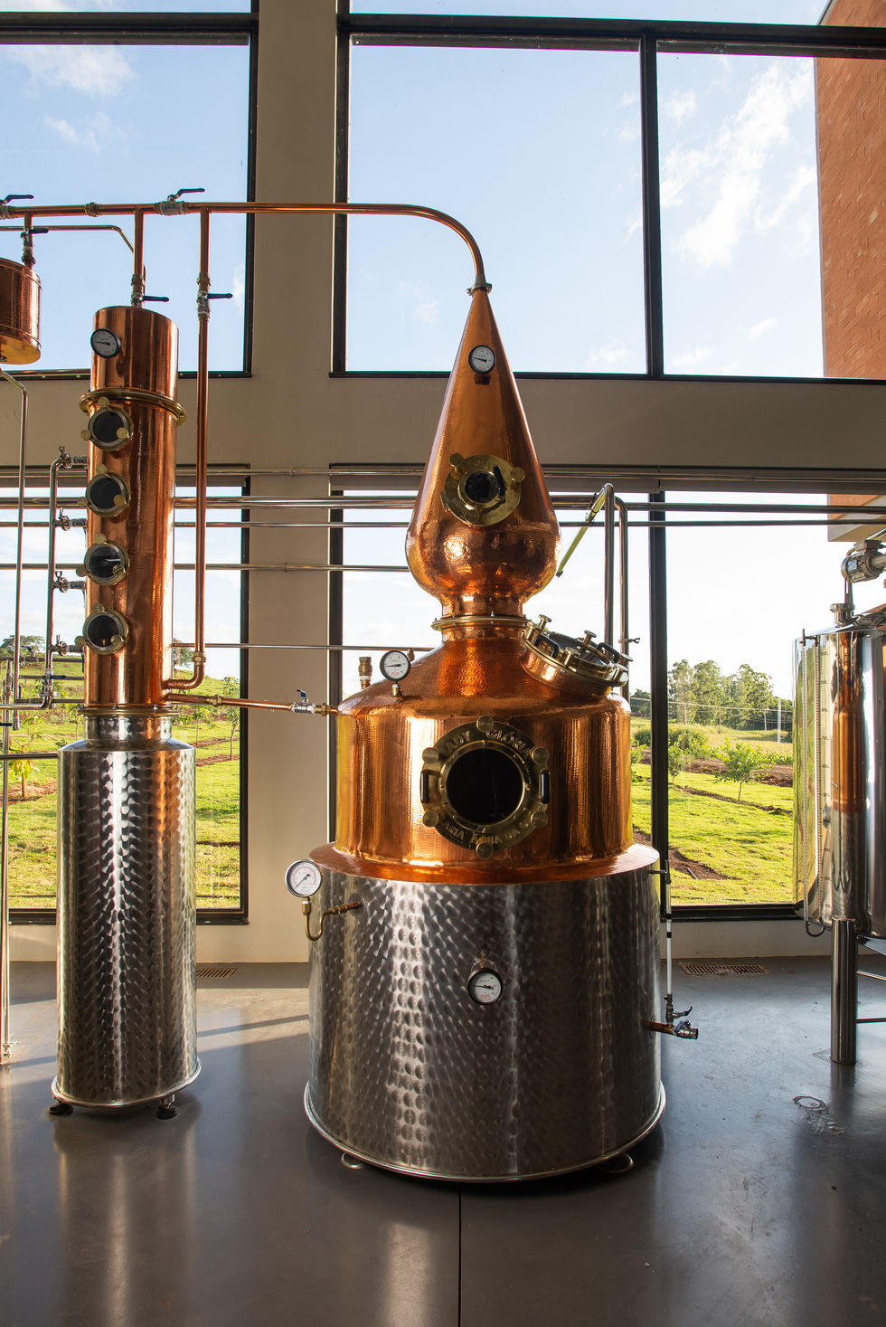 Gins da destilaria Ivaí com garrafas em relevo, drinks autorais e cenário elegante em mármore e natureza.