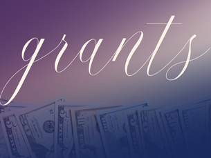 An image of various denominations of dollar bills, spread out across the bottom of the screen, with the word "grants" written above it in a delicate calligraphic cursive.