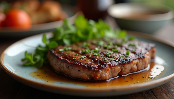 Close-up view of a beautifully grilled steak on a plate with herbs