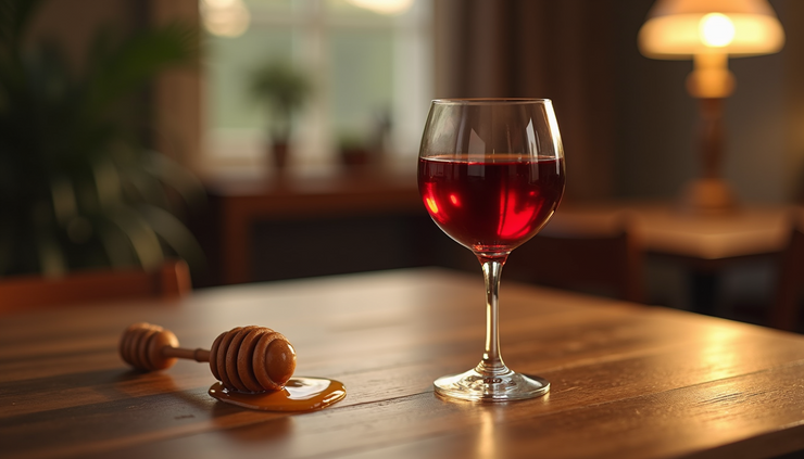 Close-up view of a glass of red wine with a honey dipper beside it