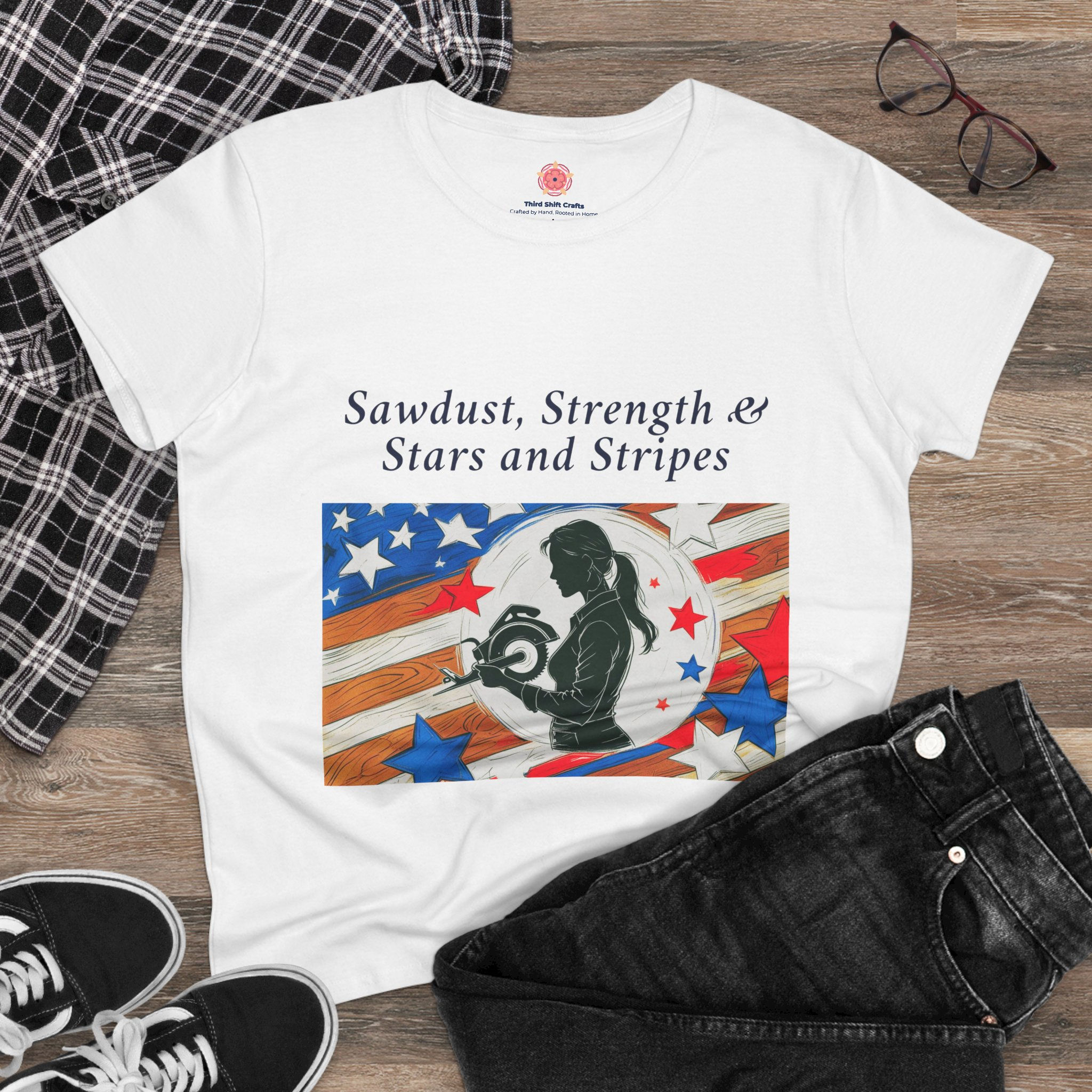 Patriotic Women's Cotton Tee - Sawdust, Strength & Stars | Independence Day