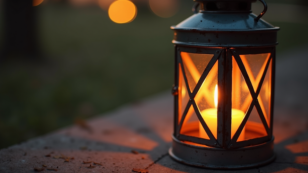 High angle view of painted tin can lantern with candle