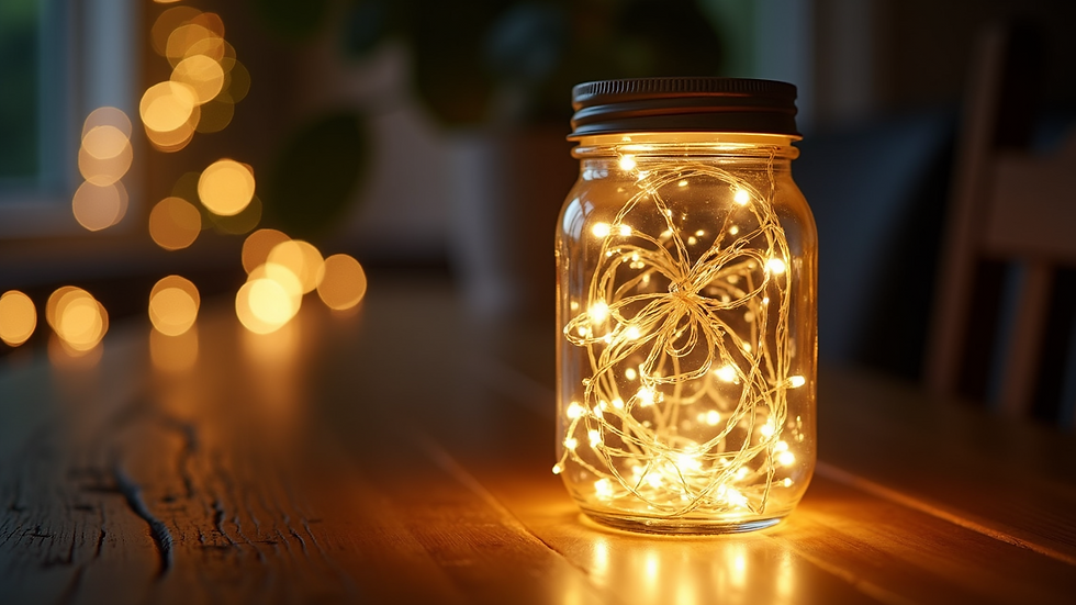 Close-up view of mason jar filled with fairy lights
