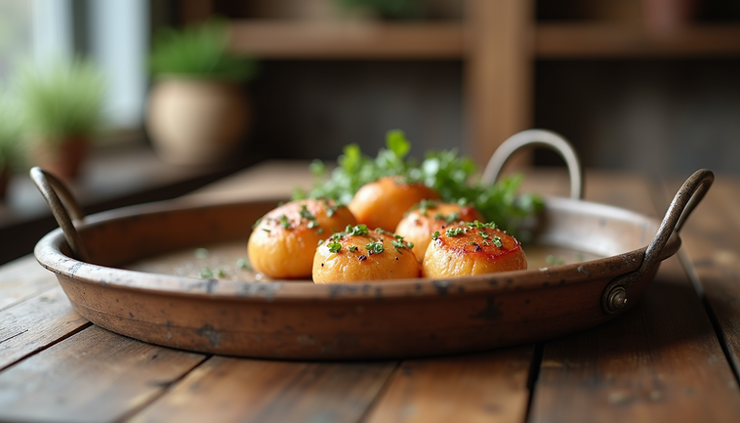 Close-up view of a rustic serving tray with metal handles on a wooden surface