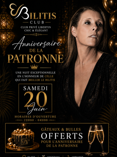Affiche Anniversaire de la patronne du Club Libertin Le Bilitis à Plounérin en Bretagne le samedi 20 juin avec gâteaux, bulles offertes et ambiance clubbing élégante.