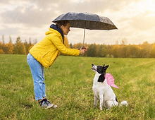 Woman holding an umbrella over a dog in the rain
