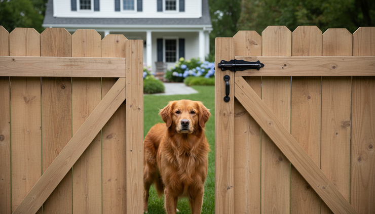 Close-up view of a secure backyard gate with a dog standing safely inside the fenced yard