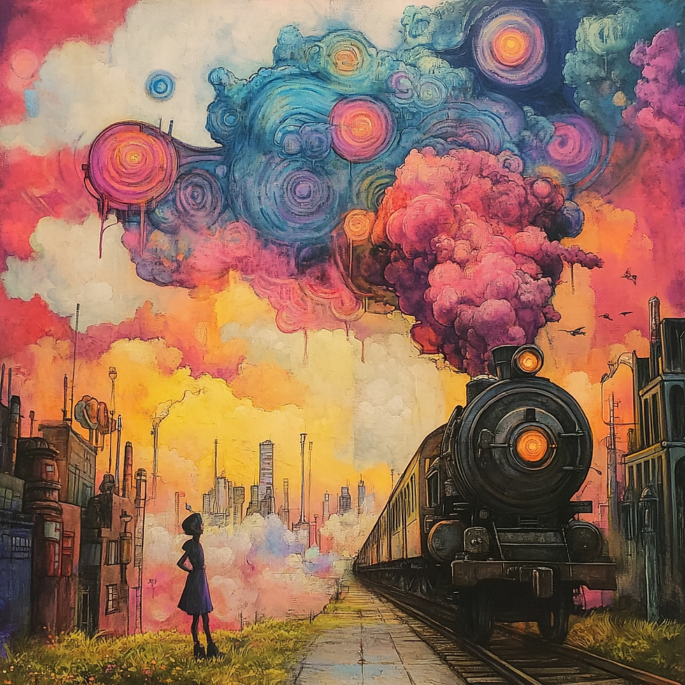 traveling by train in a colorful world
