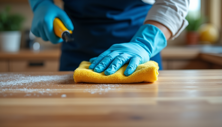 Close-up view of a professional cleaner polishing a wooden surface