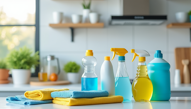 Close-up view of cleaning supplies arranged neatly on a countertop