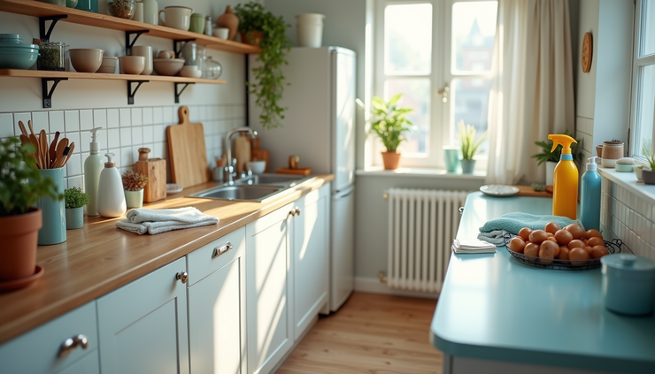 High angle view of a neat and clutter-free elderly person's kitchen with cleaning supplies ready
