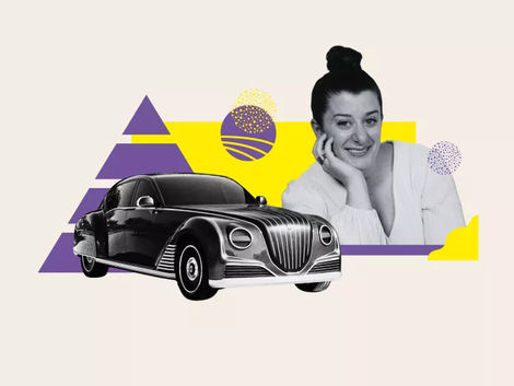 Collage of a black and white image of the Dacora car and Kristie.