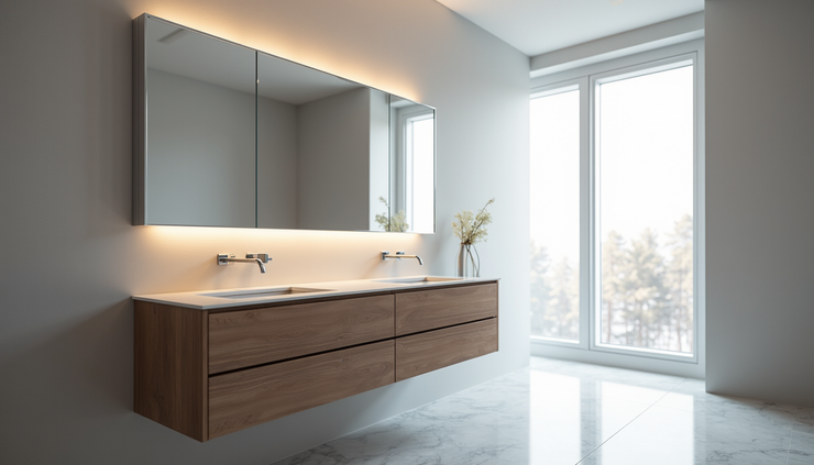 High angle view of finished mirror cabinet installed in a modern bathroom
