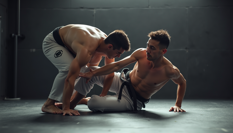 High angle view of two athletes grappling without gi on mats