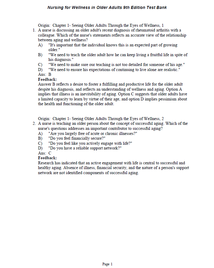 Thumbnail: Nursing for Wellness in Older Adults 9th Edition TEST BANK