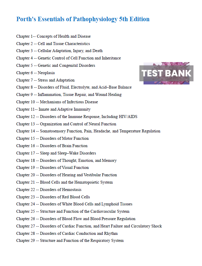 Porth’s Essentials of Pathophysiology 5th Edition TEST BANK
