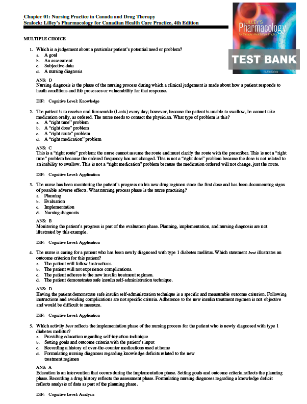 Thumbnail: Lilley's Pharmacology for Canadian Health Care Practice 4th Edition Test Bank