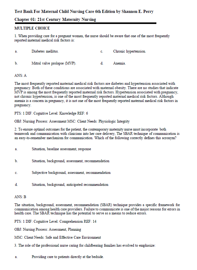 Test Bank for Maternal Child Nursing Care 6th Edition by Perry, Hockenberry