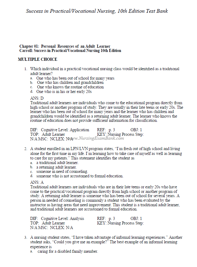 Thumbnail: Success in Practical Vocational Nursing 10th Edition TEST BANK