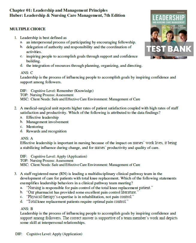 Thumbnail: Leadership and Nursing Care Management 7th Edition Huber TEST BANK