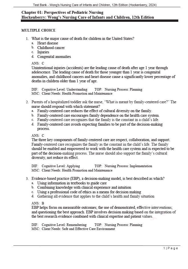 Thumbnail: Wong's Nursing Care of Infants and Children 12th Edition Hockenberry TEST BANK