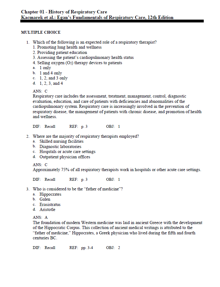 Thumbnail: Egans Fundamentals of Respiratory Care 12th Edition TEST BANK