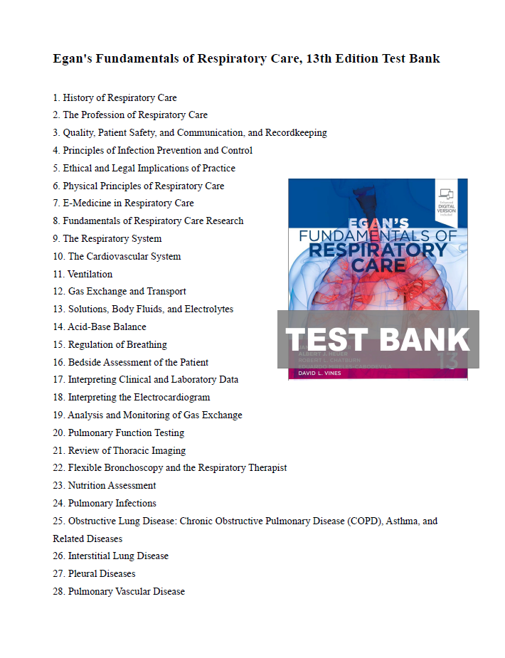 Thumbnail: Egans Fundamentals of Respiratory Care 13th Edition TEST BANK 9780323931991