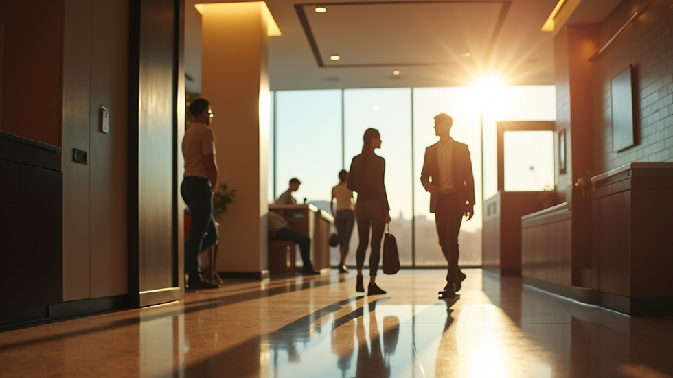 Eye-level view of a hotel lobby with guests checking in