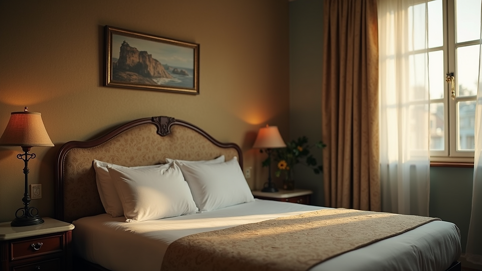 Close-up view of a hotel room with vintage decor