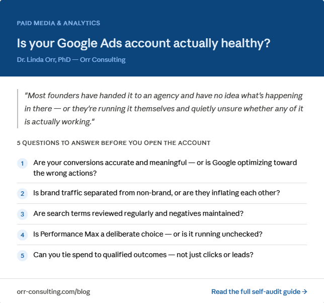"Is your Google Ads account actually healthy?" by Dr. Linda Orr, PhD — listing five diagnostic questions for founders to assess Google Ads account health before opening the platform.