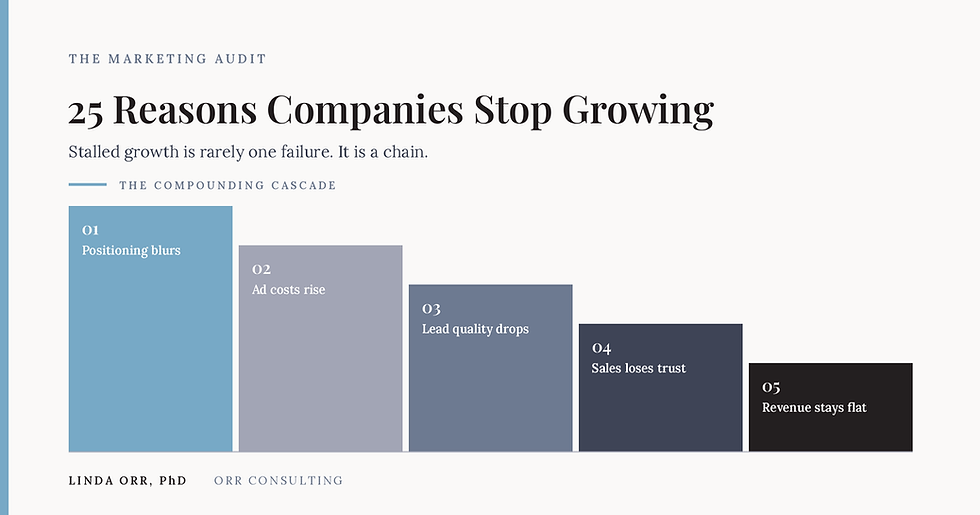 Five descending steps showing how marketing problems compound: positioning blurs, ad costs rise, lead quality drops, sales loses trust, revenue stays flat.