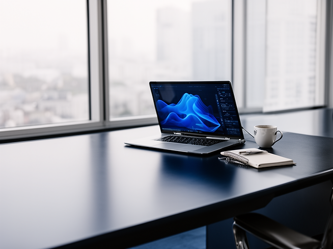 Laptop and notebook on a desk in a city office
