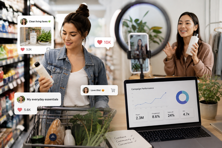 A modern marketing concept image showing the connection between influencer marketing and consumer shopping behavior. On the left, a shopper examines a product in a grocery store aisle while social media-style engagement overlays appear around her cart. On the right, a content creator records a product review with a smartphone and ring light beside a laptop displaying campaign performance metrics, illustrating how influencer content influences purchasing decisions and drives measurable business results.