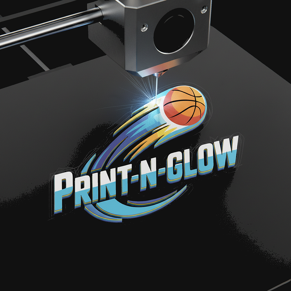 Print-N-Glow logo with basketball and 3D printer nozzle.