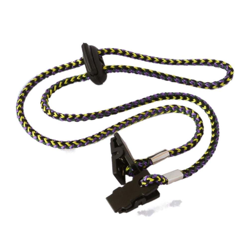 Thumbnail: Chin strap in yellow and purple braided cord. Can be attached to the sides of your hat with plastic alligator clips.