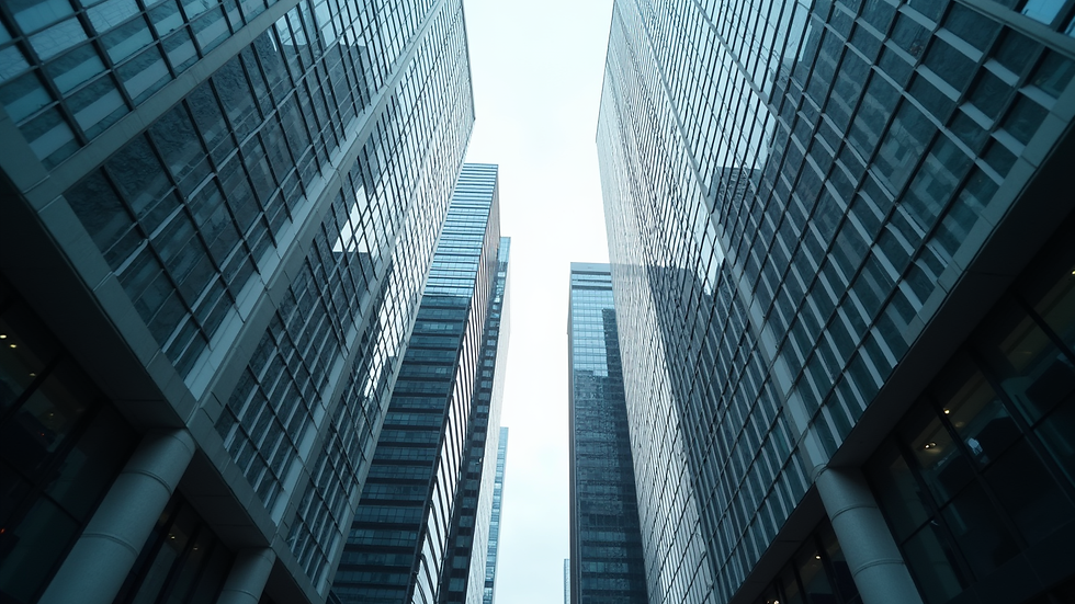 High angle view of a modern financial district with skyscrapers