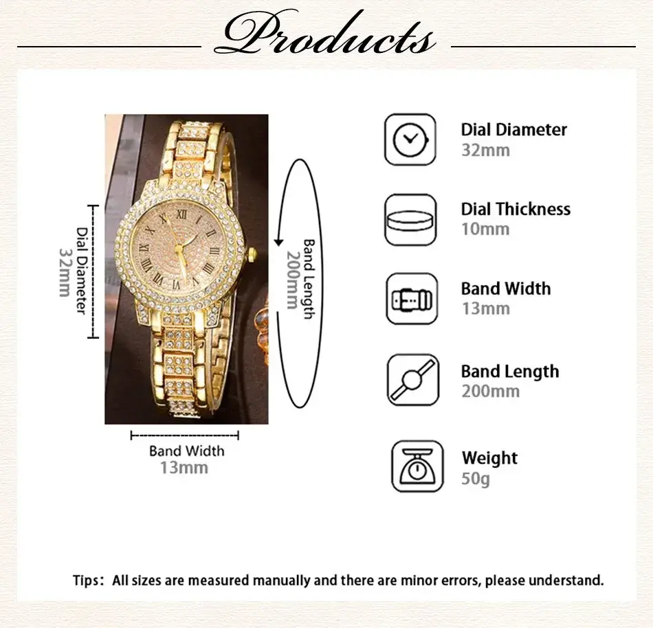 Thumbnail: Golden Watch Women Ring Necklace Earrings Rhinestone Fashion Wristwatch Female C
