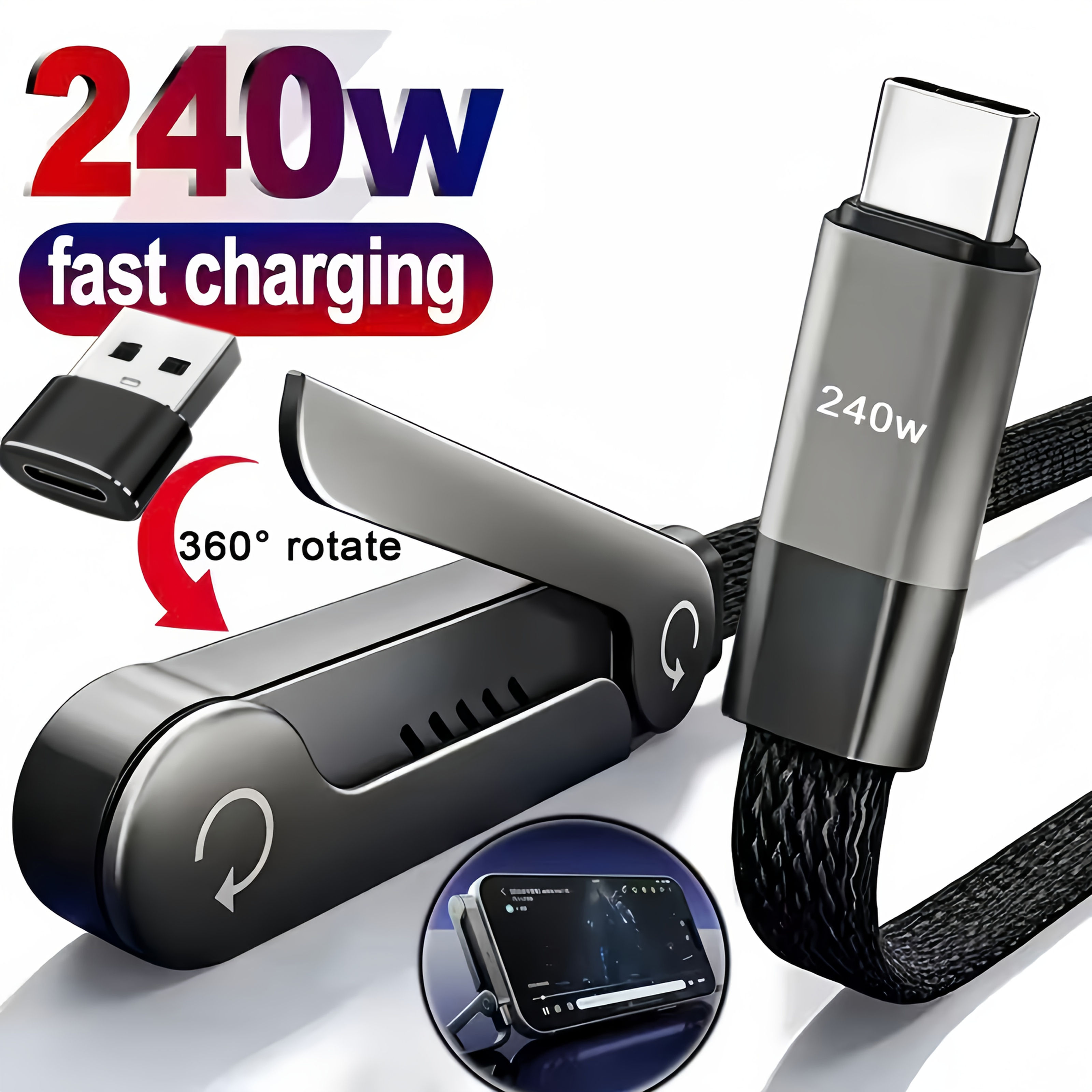 USB Type C 240W Fast Charging Cable 2 in 1 Foldable Stand for iPhone 15 17 and T