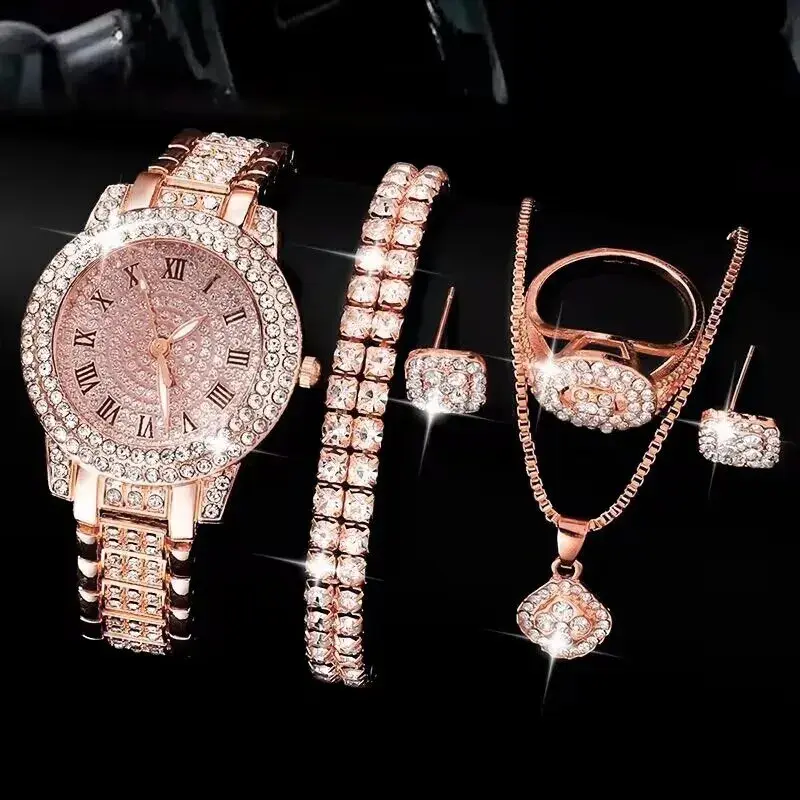 Thumbnail: Golden Watch Women Ring Necklace Earrings Rhinestone Fashion Wristwatch Female C