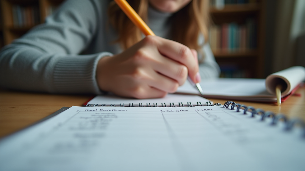 Eye-level view of a teenager writing in a budget planner