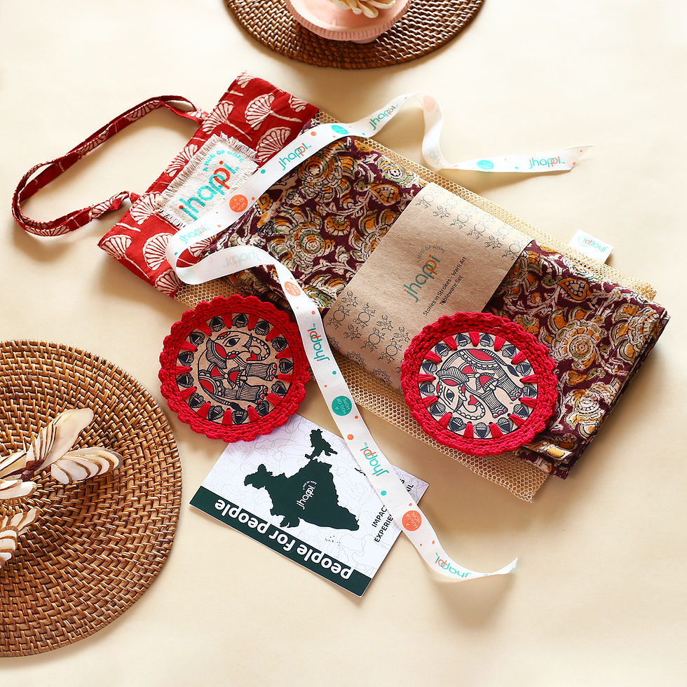 Thumbnail: jhappi Kalamkari Table Runner & Madhubani Coasters Gift Set