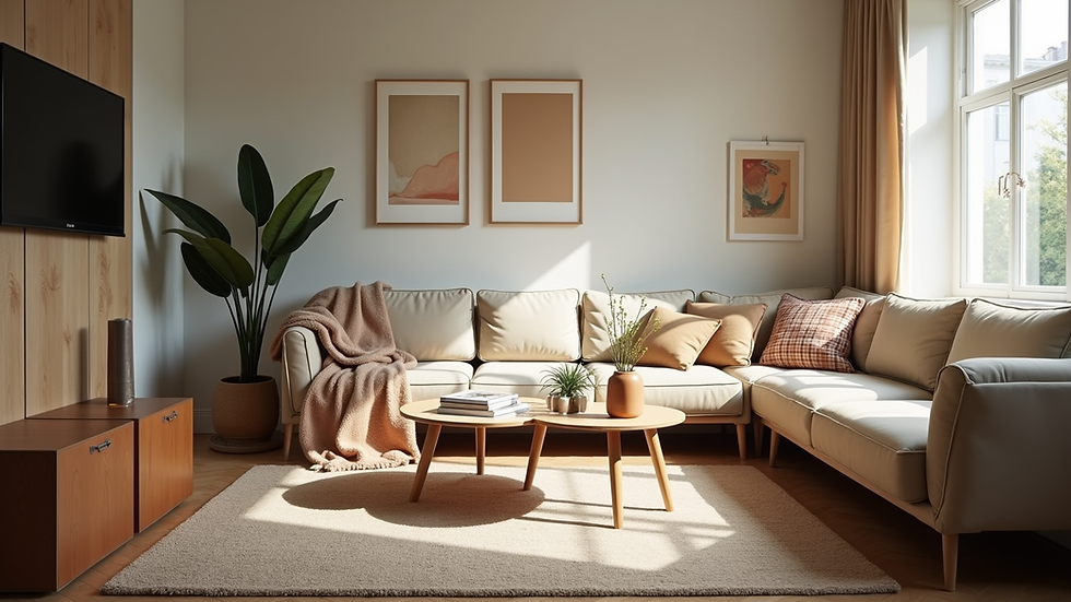 Eye-level view of a cozy living room with stylish decor